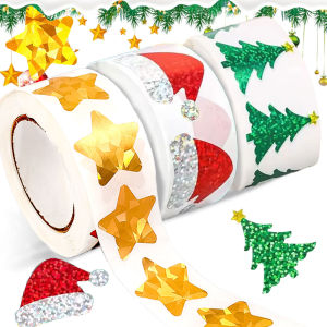 500pcs/Roll Christmas Stickers Laser Star Snowflake Santas Hat Xmas Tree Sealing Labels for Gift Wrapping Kids Rewards Baking Decorative Stickers