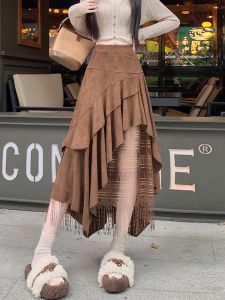 กระโปรงทรงเอเอวสูงทรงเอผ้าซาตินลูกไม้สไตล์ย้อนยุคสำหรับผู้หญิงในฤดูใบไม้ร่วง กระโปรงสั้นทรงเอเอวสูงไม่สมมาตร