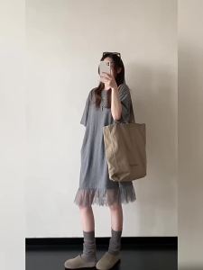 Cotton Lace Patchwork Relaxed Oversized T-shirt Dress