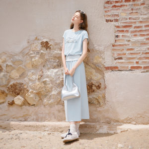 XIANGYING | Blue Casual Two-Piece Dress Fake Double Piece Short Sleeve Younger Appearance Outfit