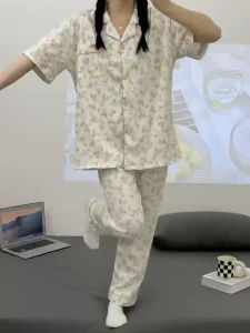 Y&L Fashion #C007 High Quality Cotton Crepe Printed Short Sleeve With Pajama Home Wear Set