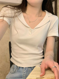 French Polo Collar Short Sleeve T-Shirt Womens Slim Fit Summer Top Shoulder Length Baring Meat Concealing Hot Girl Short Style