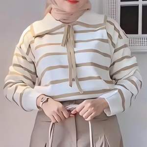 Eily Atasan Wanita Rajut Motif Garis Kerah Lengan panjang