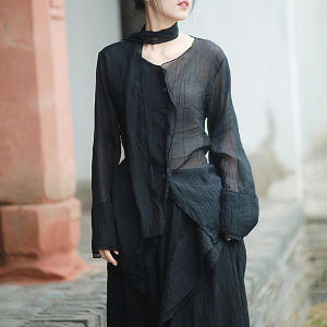 Transparent V-Neck Long Sleeve Shirt with Sash Mysterious Irregular Texture Lyocell Fabric Loose Fit Womens Summer Top