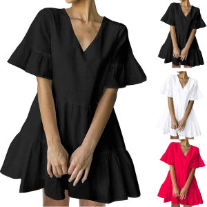 Loose V-neck Short Sleeve Dress Womens Solid Color Casual Summer Dress A-line Skirt Polyester Fabric European Style