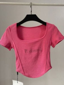 Korean Style Irregular Design Short Sleeve T-Shirt Women Summer Square Collar Slim Fit Short Length Belly Baring Top