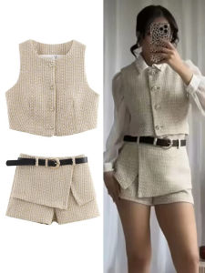 Women Texture Elegant Sets 2025 New Fashion With Belt Mini Skirts Shorts Sets Short Vest Top 2 Pieces Sets Women Outfit ﻿