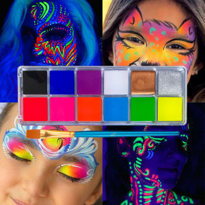 12 สี UV Luminous Face Body Painting Palette ชุดแปรง UV Glow Neon Face Body Paint Kit Glow สําหรับแต่งหน้าฮาโลวีน party