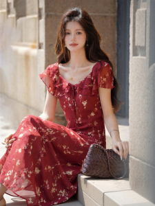 MEIZISHULE | Heavy Embroidery Print Vacation Style Flounce Sleeve Dress