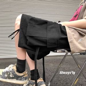 Summer Mens Workwear Pants Five-Quarter Sporty Utility Style with Multiple Pockets And Sash Design Street Fashion Loose Fit