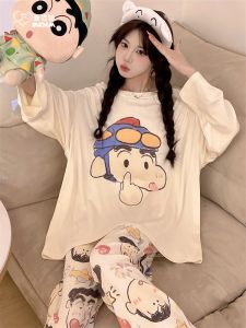New Spring Autumn Womens Long Sleeve Modal Cartoon Pencil Friend Sleepwear Sweet Style Home Clothes Cat Eye Brand