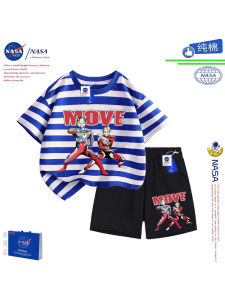 NASA Boys Summer Cotton T-Shirt Shorts Set Cartoon Cero Ultraman Design Casual Five-Quarter Length Shorts for Kids