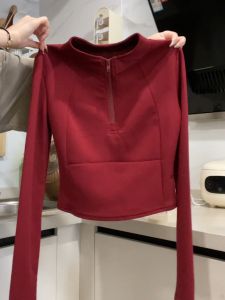 Red Zipper Stand Collar Long Sleeve T-Shirt Slim Fit Korean Style Fashionable Commute Pure Color Short Length Womens Top