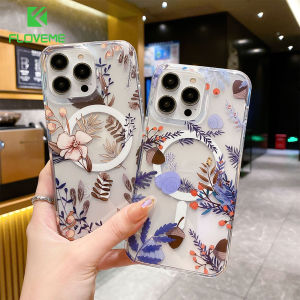 FLOVEME Luxury Clear Flower Painted Pattern Phone Case For iPhone 15 14 13 12 Pro Max 15 14 Plus Wireless Charging Clear INS Style Solid Bumper Back Cover For iPhone 15 14 13 12