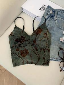 New Chinese Style Printed Short Blouse Womens Inner Wear with Chest Pad Fashionable Inner Blouse for Women Summer 2025