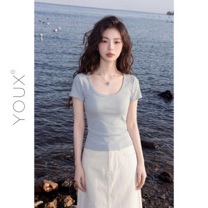 YOUXIANG | Áo Thun Ôm Co Dây U Màu Xanh Đô Short T Tay