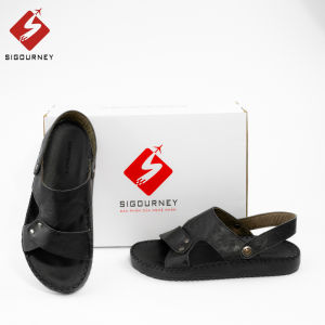 Dép Sandal Nam Da Bò Cao Cấp SIGOURNEY Lót Cao Su Êm Ái Đế Khâu Màu Đen DN-115 Bảo Hành 18 Tháng