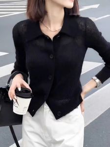 Elegant Black Knitted Long Sleeve Cardigan Womens Spring Style Slimming Fit Casual Commute Pure Color Fashion Top