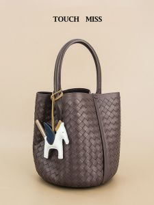 Touch Miss Handcrafted Leather Bucket Bag Womens Shoulder Crossbody Bag Soft Handle Polyester Lining Pure Color Casual Bag