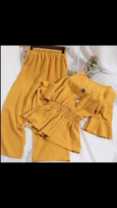 Harajuku 2 Pcs Suits V-neck High Waist Ruffle Sleeve Slim Blouse+Elastic Waist Wide-leg Pants Long Pants Womens Set Wear