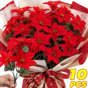 10Pcs 35cm Artificial Poinsettia Flower Red Christmas Flowers Bouquet for Xmas Tree Ornaments Florals Party Home Decor Fake Flowers