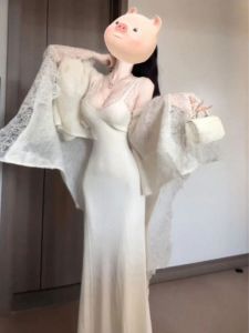 Korean Style Two-Piece Set Lace Shoulder Shawl Dress for Women Fashionable Autumn Outfit V-Neck Long Sleeve Cotton Dress