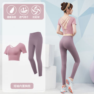 Womens Yoga Fitness Clothes Summer Thin Professional Running Short Sleeve Sportswear Beginner Set Fashionable Nylon Fabric