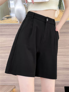 กางเกงขาสั้นสีดำผ้าไหมน้ำแข็งเอวสูงทรงเอหลวมๆ กางเกงขายาวทรงห้าแฉกสำหรับฤดูร้อนปี 2024 สำหรับผู้หญิง สไตล์เกาหลี