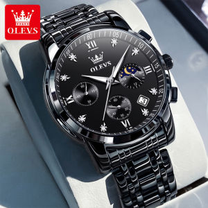 OLEVS | OLEVS Popular mens watches stainless steel black Moon Phase Chronograph quartz watch for man date Original brand wristwatch