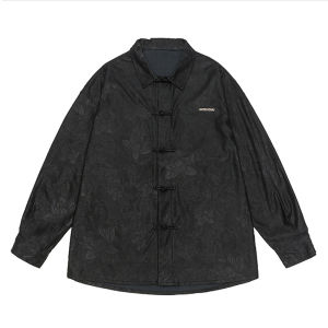 plus Size Mens PU Shirt Jacket with Button Design Fashionable Chinese Style Straight Hem Long Sleeve Windproof Outerwear