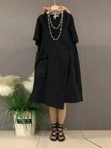 plus Size Womens Clothing Fat Sister Summer Western Style Waist-Slimming Covering Belly Thin round Neck Patchwork Big Pocket Fake Two-Piece Dress