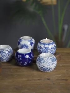 GUANGMANZHI | Vintage Chinese Blue and White Porcelain Candle Holder Decor