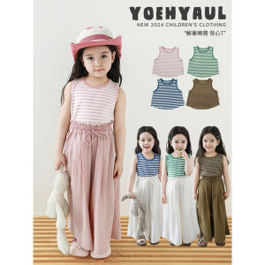 Comfortable Striped Sleeveless Vest for Girls Cute Exposed Skin Design Breathable Cool Cotton Blend Fabric Summer T-Shirt