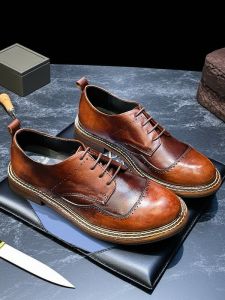 Retro British Style Low-Top round Toe Derby Mens Shoes Thick Bottom Casual Pure Cowhide Work Boots Breathable Lace-Up Sneakers