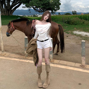 Áo Thun Dài Tay Một Bên Vai Màu Trắng Cho Nữ Mùa Thu Dáng Ôm Vừa Vặn Chất Liệu Cotton Thường Ngày Không Có Thương Hiệu