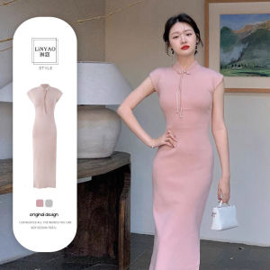 New 2025 Elegant National Style Retro Improved Cheongsam Knitted Wrap Dress Women Summer New Chinese Style Women Skirts
