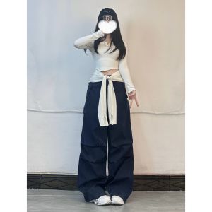 XXBUNI Jazz Dance Sport Set Womens White Long Sleeve Top + Indigo Quick Dry Casual Work Pants High Waist Straight Leg Pants