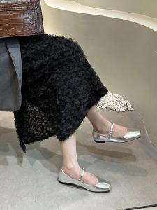 Silver Color Vintage Square Head Womens Shoes Fairy Style Low Heel Mary Jane Shoes Daily Wear Comfortable Fashion Footwear