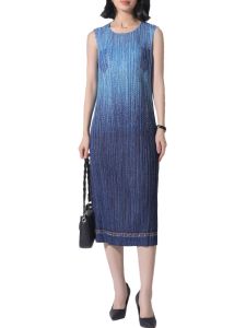 Pleated Dress Women Elegant Denim Gradient Color Sleeveless Pullover Round Neck #20240738