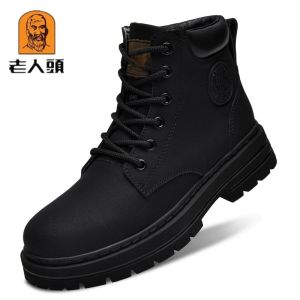 Mens Winter High-Top Martin Boots Warm Outdoor Leather Shoes for Couples Anti-Wear Casual round Toe Thick Bottom Rubber Sole