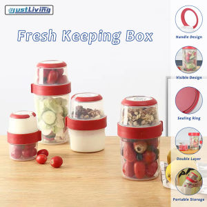 JustLiving 1070ml Salad Cup PortableTwo-layers Breakfast Yogurt Fruit Vegetable Cup Sealed Fresh-keeping Box Plastic Food Container Sealed Compartment Transparent Crisper Cup