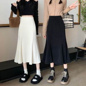 S-6XL Rok Fishtail Wanita Rok Panjang A-line Celana Pinggang Tinggi Kain Korduroi Pinggang Elastis