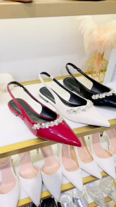 Giày max chuỗi đá bệt HALEY STORE gót phẳng đính đá da bóng bít mũi quai kéo tiểu thư cô dâu tiệc cưới