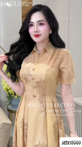 Váy Dạo Phố MDU5000 Cổ Sơ Mi Chất Tơ Hoa Thêu Nổi Kết Hợp Họa Tiết Hoa Đính Kim Sa Cao Cấp Từ MDU