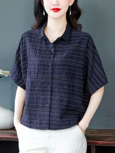 Summer New Style Loose Cotton Linen Short Sleeve Womens Shirt Fashionable Base Layer Top Anti-Aging Small Shirt Bottom Shirt