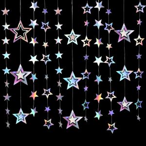 Iridescent Paper Star Garland Banner Laser Silver Flag Hanging Decor Birthday Party Pendant Baby Shower Wedding Streamer Decor