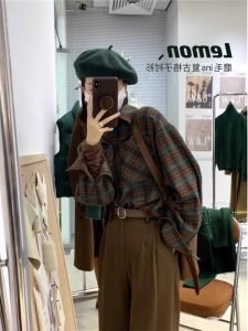 Retro American Plaid Flannel Shirt Womens Loose Lazy Inner Wear Shirt Coat Autumn Winter New Arrival Outerwear