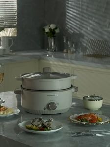 RUNBAISEN Large Capacity Electric Hot Pot - Multifunctional Cooker Frying Pan Steamer. Beige color with glass lid and control knob. Suitable for home kitchen use.