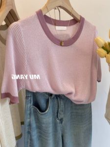 Áo Thun Tay Ngắn Màu Hồng Thêu Cổ Tròn Dáng Ôm Mùa Hè Chất Liệu Lụa Lạnh Phong Cách Pháp Cho Nữ