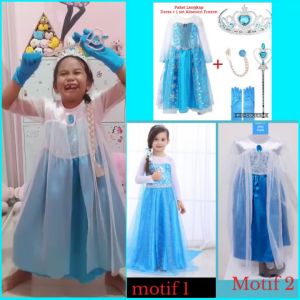 (bisa cod) PAKET lengkap 1 set Dres Frozen + Mahkota - Dress Frozen + Aksesoris Mahkota / 1 set Kostum Princess Frozen Elsa